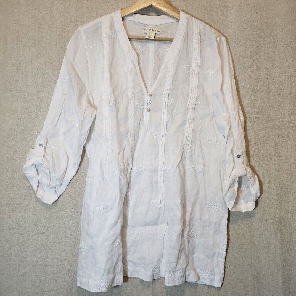 Cynthia Rowley 100% Linen White Popover Tunic White Floral Embroidery Large